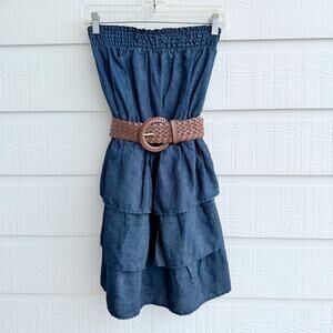 Chesley Strapless Denim Dress M Tiered Belted Elastic